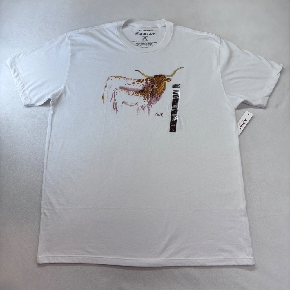 Ariat Women's XL T Shirt New White Short Sleeve Boyfriend Fit Longhorn Cow - Picture 9 of 10